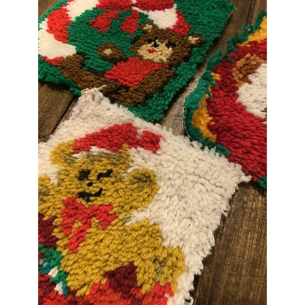 Adorable Vintage Christmas Latch Hook Set Of 3 Wall‎ Hanging Bears 12x12